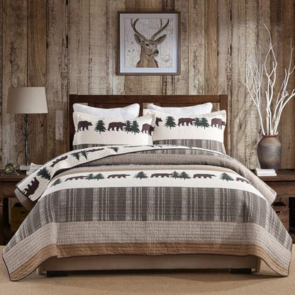 PERHOM Cabin Quilt Queen Size - 100% Cotton Lodge Cabin Queen Quilt Bedding Set, Striped Bear Tree Reversible Quilted Bedspread Lightweight Comforter Set with 2 Shams, Wood Brown/Beige, 3PCS