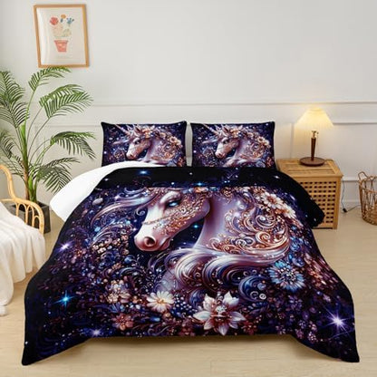 Black Unicorn Comforter Set Queen Size，Unicorn Floral Queen Bedding Set for Girls，with 1 Comforter with 2 Pillow Case