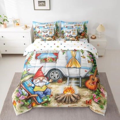 Erosebridal Kids Camping Gnome King Comforter Set 7Pc,RV Bunk Camper Bedding Sets with Sheets for Travel Trailer Decor,Rustic Country Floral Wildflower Bed Set with Fitted+Flat Sheet,Pillowcases