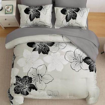 Black White Comforter Set Queen, 7 Pieces Light Grey Floral Bedding Set