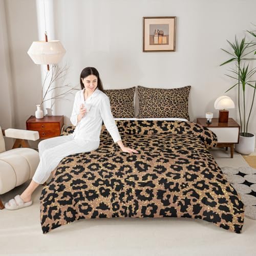 Black Leopard Kids Comforter Set Full Size,Wild Animal Cheetah Skin Dots Bedding Set,Girls Boys Room Decor,Wildlife Golden Glitter Fashion Quilt Comforter,Brown Rustic Duvet Insert,2 Pillowcases