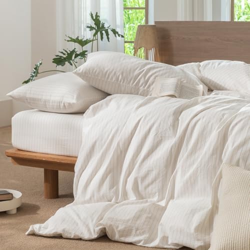 MooMee Striped Duvet Cover Set 100% Washed Cotton Linen Like Full