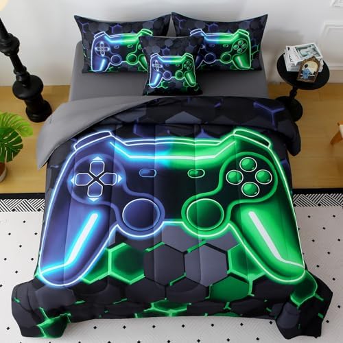 JQinHome Full Gaming Bedding Set 6-Piece Comforter for Kids Teens - 3D Video Game Console Print Bed in a Bag with Ultra-Soft Fluffy Sheets, Blue-Green Unisex Design (Full)