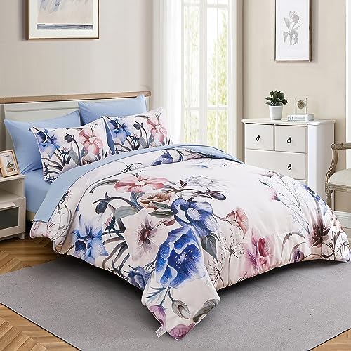 Luxudecor Floral Comforter Set King Size 7 Piece, Blue Flower Bed in a Bag, Elegant Floral Comforter with Sheet Set, Soft Microfiber Bedding Set for All Season (Blue, 104"x90")