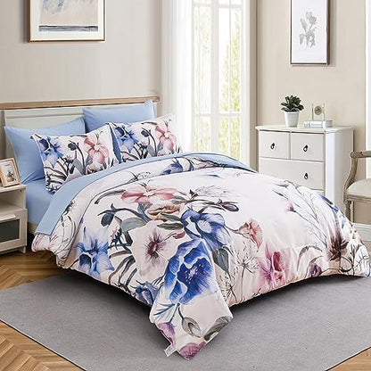 Luxudecor Floral Comforter Set King Size 7 Piece, Blue Flower Bed in a Bag, Elegant Floral Comforter with Sheet Set, Soft Microfiber Bedding Set for All Season (Blue, 104"x90")
