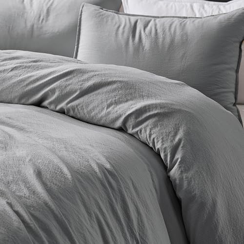 WDCOZY Grey King Size Jacquard Duvet Cover Set with Zipper Closure, Modern Washed Soft Striped Bedding, Textured Seersucker Like Cotton Linen, 1 Duvet Cover and 2 Pillow Shams, No Comforter