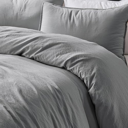 WDCOZY Grey King Size Jacquard Duvet Cover Set with Zipper Closure, Modern Washed Soft Striped Bedding, Textured Seersucker Like Cotton Linen, 1 Duvet Cover and 2 Pillow Shams, No Comforter