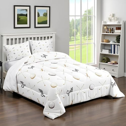Golf Comforter Set Twin Size for Kids Teens Adults Men Home Room Decor,Ball Sports Game Lovers Bedding Set 2pcs,Gray Brown Sketch Golf Quilt Set Seasons Soft Duvet Insert with 1 Pillowcase