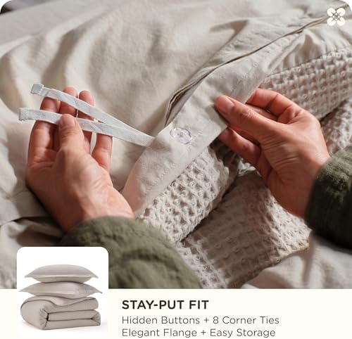 Bedsure PureWoven 3 Pieces 100% Cotton Waffle Duvet Cover Set, King, Linen