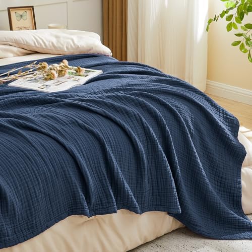 EMME Muslin Blankets for Adults Throw Blanket for Couch Breathable Gauze Soft Lightweight Airy Navy King 108" x 90"