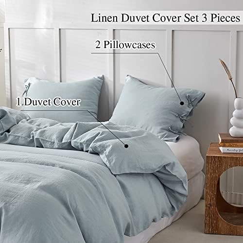 Simple&Opulence 100% Linen Duvet Cover Set 3pcs with Bowknot Ties Closure Natural French Washed Flax Solid Color Soft Breathable Farmhouse Bedding - Dusty Blue, Queen Size