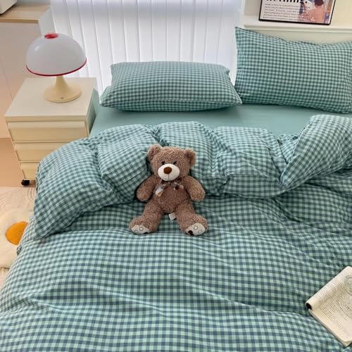 LifeTB Green Gingham Comforter Set Full Size Geometric Plaid Checkered Pattern Comforter Green Grid Plaid Printed Bedding Comforter Set with 2 Pillowcases Fluffy Soft Gingham Bedding Set Breathable