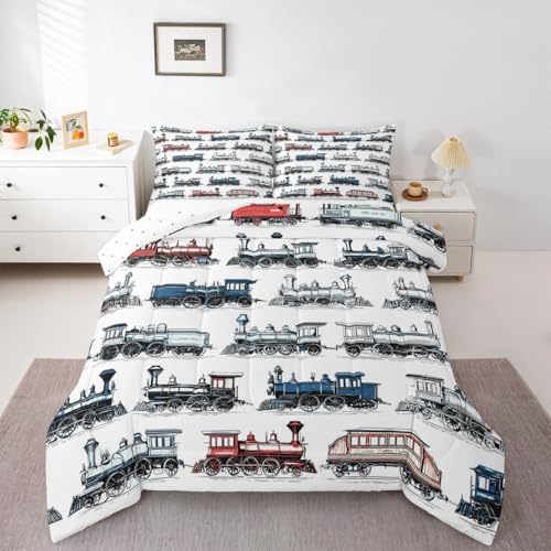 Feelyou Retro Train Comforter Set Toddler Size Vintage Steam Engine Train Bedding Set for Kids Boys Girls Transport Vehicle Duvet Quilt Bedroom Decor Microfiber 2 Pcs with 1 Pillow Cases