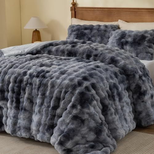 BEDELITE Tie Dye Faux Fur Comforter Set King,Thick Winter Comforter,Grey