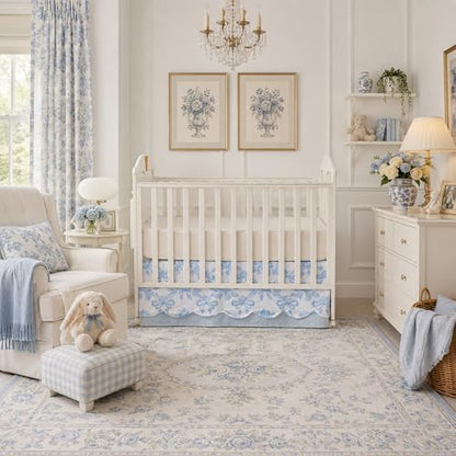 Brandream Scallop Edge Crib Skirt Organic Cotton Baby Girls Crib Skirt Toddler Bedskirt French Country Cottagecore Rose Bows Farmhouse Chic Nursery Crib Bed Skirt 2-Tiered with Solid Blue Skirt