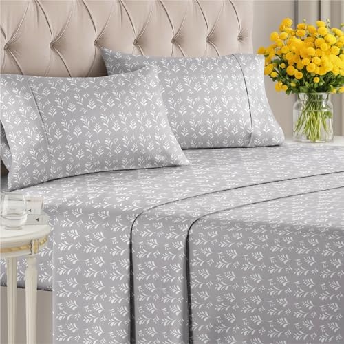 Queen 4 Piece Floral Sheet Set - Soft, Breathable & Cooling - Gray Sprig