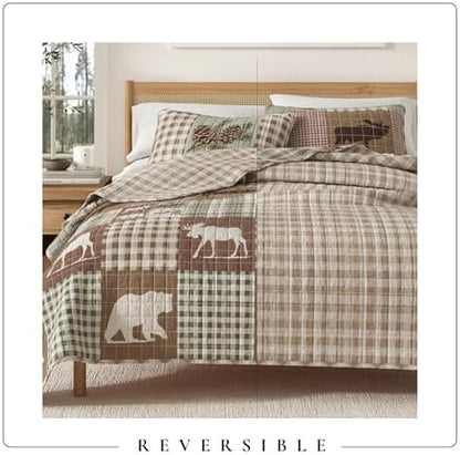 Great Bay Home Lodge Quilt Set - 3-Piece King/California King Size Rustic Bedding Set - Lightweight, All-Season, Reversible Bedspread (Hemlock Green/Brown)