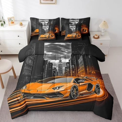 Feelyou Orange Race Car Comforter Set with Sheets Queen Size Kids Speed Sports Car 7 Pieces Bedding Set Boys Girls Teens Racing Car Bed in a Bag Extreme Sports Street Bed Set Gothic Modern City