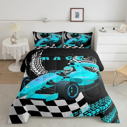 Erosebridal Go Kart Twin Size Bedding Set, Race Car Bed for Boys Drift Kart Toddler Bedding Sets for Boys,Black and White Buffalo Plaid Comforter Set Square Grid Lattice Karting Quilt,Teal