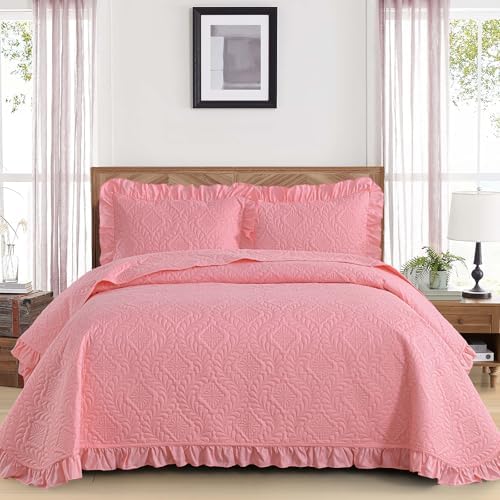 DJY Pink Quilt Set Twin Size Dorm Bedding, Ruffled Bedspreads