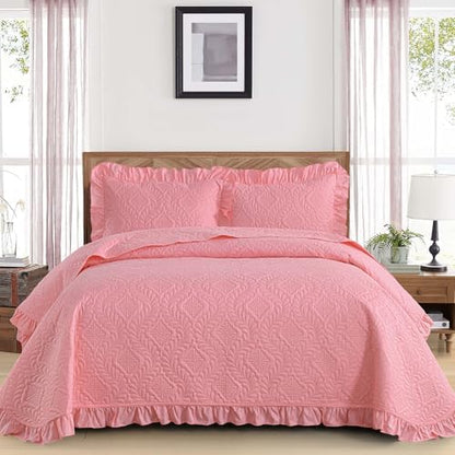 DJY Pink Quilt Set Twin Size Dorm Bedding, Ruffled Bedspreads