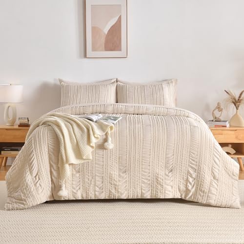 DHSFKBE Beige Tufted Comforter Set King Size 7 Piece Bed in a Bag，Shabby Chic Boho Bedding for Bedroom Comforter，All Season Soft Microfiber Ruffle Comforter Set with Pillow and Sheets