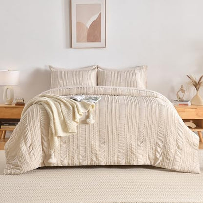 DHSFKBE Beige Tufted Comforter Set Queen Size 7 Piece Bed in a Bag，Shabby Chic Boho Bedding for Bedroom Comforter，All Season Soft Microfiber Ruffle Comforter Set with Pillow and Sheets
