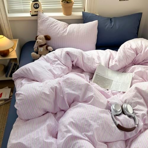 mixinni Pink White Striped Duvet Cover Twin Size, 3-Piece Washed Microfiber Vintage Striped Bedding Set, Soft Aesthetic Stripe Pattern Duvet Cover with Zipper Closure & Corner Ties for Women Girls