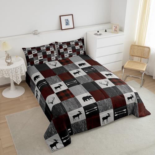 Homewish Bear and Deer King Size Comforter Set,Kids Gray Red Grid Decor All Season Bedding Set,Teens Rustic Farmhouse Comforter,Trees and Arrow Decor Quilt Set Bedroom Collection 3Pcs