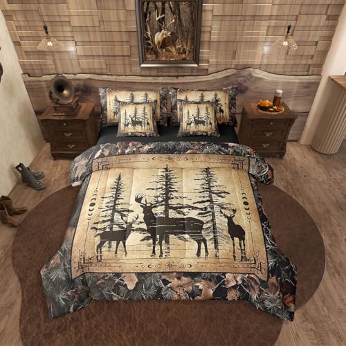 Erosebridal Camo Deer King Comforter Set 7 Piece for Kids Boys Teen,Tree Branches Camouflage Hunting Bedding Set Woodland Animal Bed in A Bag Retro Pine Tree Wildlife Sheet Set with Comforter
