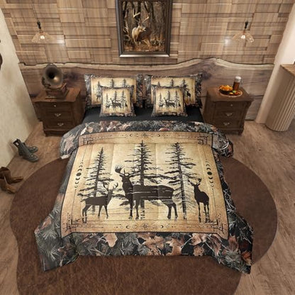 Erosebridal Camo Deer King Comforter Set 7 Piece for Kids Boys Teen,Tree Branches Camouflage Hunting Bedding Set Woodland Animal Bed in A Bag Retro Pine Tree Wildlife Sheet Set with Comforter