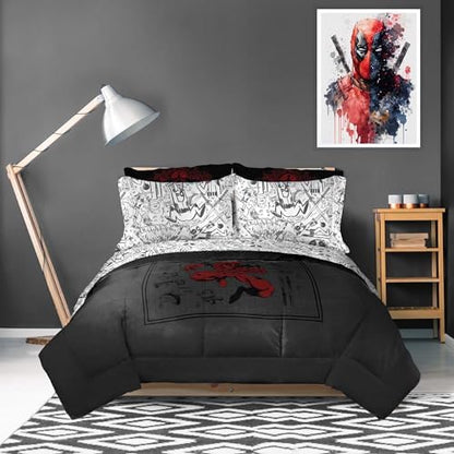 Marvel Deadpool Queen Comforter Set 7 Piece Bedding for Boys, Gray