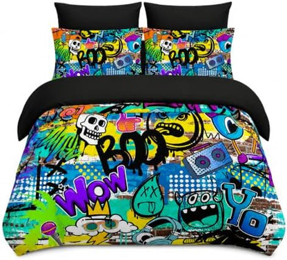 AILONEN Boys Kids Comforter Set Twin,7-Piece Cartoon Hip Hop Skull Bed in a Bag Printed Bedding Set,Colorful Graffiti Soft Comforter & Fitted Sheet & Flat Sheet & 2 Pillowcases,2 Pillow Shams,Black