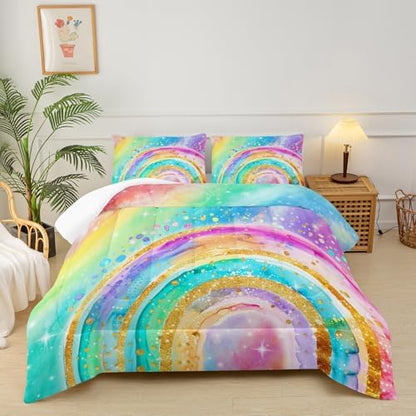 Cute Rainbow Twin Comforter Set for Girls，Pastel Tie Dye Rainbow Twin Bedding Set Kids，Galaxy Kids Bed Comforter Sets