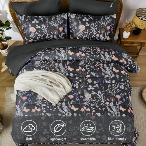 Yiran King Size Comforter Set 7 Piece,Gray Floral Bedding Set Fall Flowers