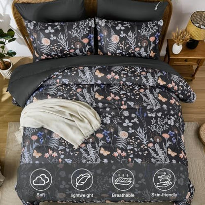 Yiran King Size Comforter Set 7 Piece,Gray Floral Bedding Set Fall Flowers