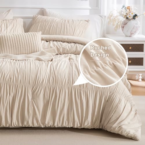 Masaca King Size Comforter Set,Shabby Boho Chic Bedding Wheat Ruched Ruffle King Comforter Vintage Rustic French Country Farmhouse Bedding Set Ultra Soft
