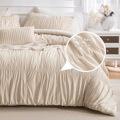 Masaca King Size Comforter Set,Shabby Boho Chic Bedding Wheat Ruched Ruffle King Comforter Vintage Rustic French Country Farmhouse Bedding Set Ultra Soft