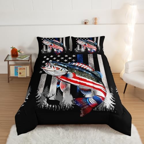 HOSIMA Soft Microfiber Black Queen Comforter Set with 2 Pillowcases,American Flag Striped Bass Pattern Bedding Sets,Fishing Comforter Kids Men Boys Room Decor,Bed in a Bag Queen Size for Teens.