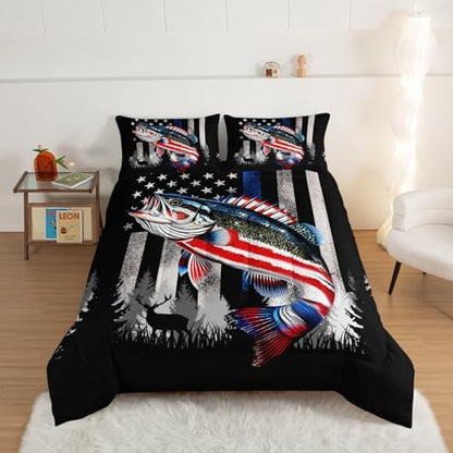 HOSIMA Soft Microfiber Black Queen Comforter Set with 2 Pillowcases,American Flag Striped Bass Pattern Bedding Sets,Fishing Comforter Kids Men Boys Room Decor,Bed in a Bag Queen Size for Teens.