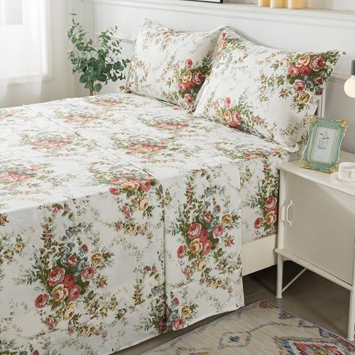 FADFAY Vintage Rose Floral Bed Sheet Set King Size Premium 100% Cotton Shabby Floral Chic Off White Farmhouse Bedding Deep Pocket Fitted Sheet 4-Pieces- 1Flat Sheet, 1 Fitted Sheet, 2 Pillowcases