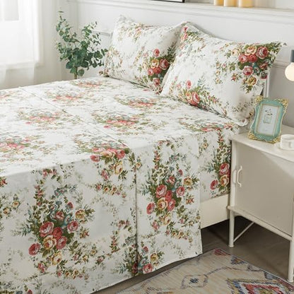 FADFAY Vintage Rose Floral Bed Sheet Set King Size Premium 100% Cotton Shabby Floral Chic Off White Farmhouse Bedding Deep Pocket Fitted Sheet 4-Pieces- 1Flat Sheet, 1 Fitted Sheet, 2 Pillowcases