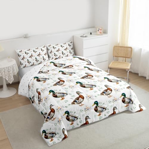 jejeloiu Mallard Duck Comforter Set Toddler Size Hunting and Fishing Bedding Set for Kids Boys Girls Wild Animal Duvet Quilt Bedroom Decor Microfiber 2 Pcs with 1 Pillow Cases