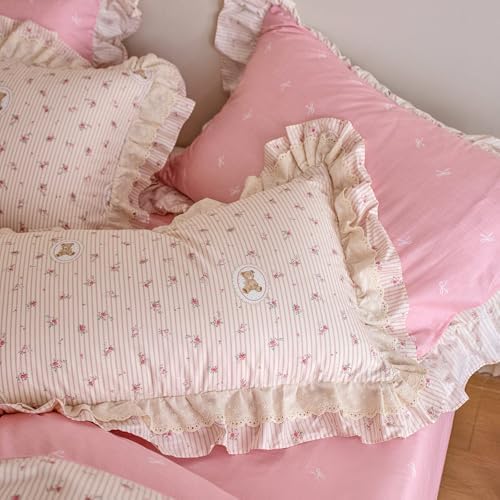 Pink Flower Duvet Cover Set Twin Size, Cute Bear Stripes Bedding Set with Ruffle Lace, 100% Cotton Cottagecore Style Girls Princess Lace Comforter Cover Botanical Floral Duvet Cover with 2 Pillowcases