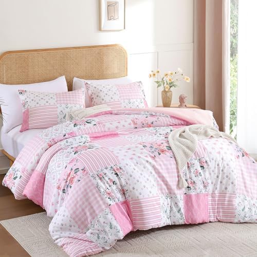 YIKUSH Pink Floral Queen Comforter Set, Soft Lightweight All Season Bedding Set for Women Girls, Cozy Cottagecore Botanical Comforter Queen Size with 2 Pillow Shams, Breathable Floral Bed Set