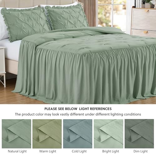 Chezmoi Collection Aria 3-Piece Pintuck Ruffle Skirt Bedspread Set - Lightweight Pinch Pleat Crinkled Texture Microfiber Bedding - French Country Chic Farmhouse - Queen, Sage Green