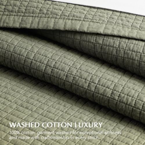 EverGrace 100% Cotton Modern Grid Stitch Quilt Set, King Size, Olive Green