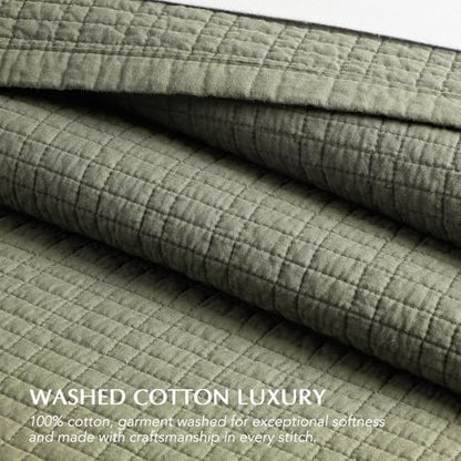 EverGrace 100% Cotton Modern Grid Stitch Quilt Set, Queen Size, Olive Green