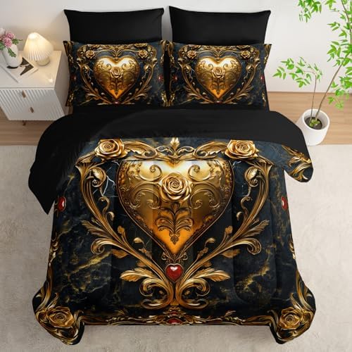 King Size Heart Comforter Set, 7 Piece (1 Comforter, 1 Flat Sheet, 1 Fitted Sheet, 2 Pillowcase and 2 Pillow Sham)