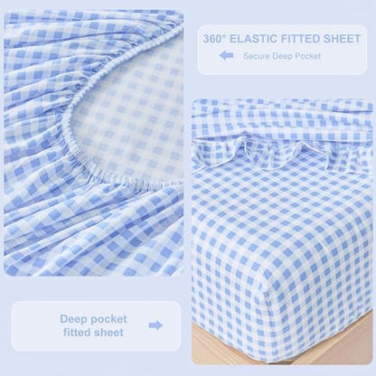Gingham Twin Sheet Set, Lightweight Super Soft Brushed Microfiber Plaid Bed Sheets with 16" Deep Pocket, 3 Piece Ruffle Farmhouse Bedroom Decor, Blue